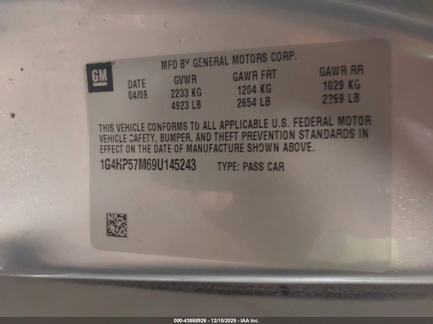 2009 Buick Lucerne Cx VIN: 1G4HP57M69U145243 Lot: 43868926