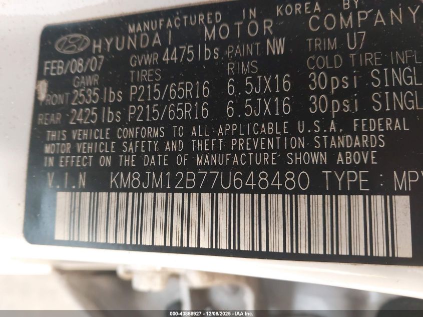 2007 Hyundai Tucson Gls VIN: KM8JM12B77U648480 Lot: 43868927