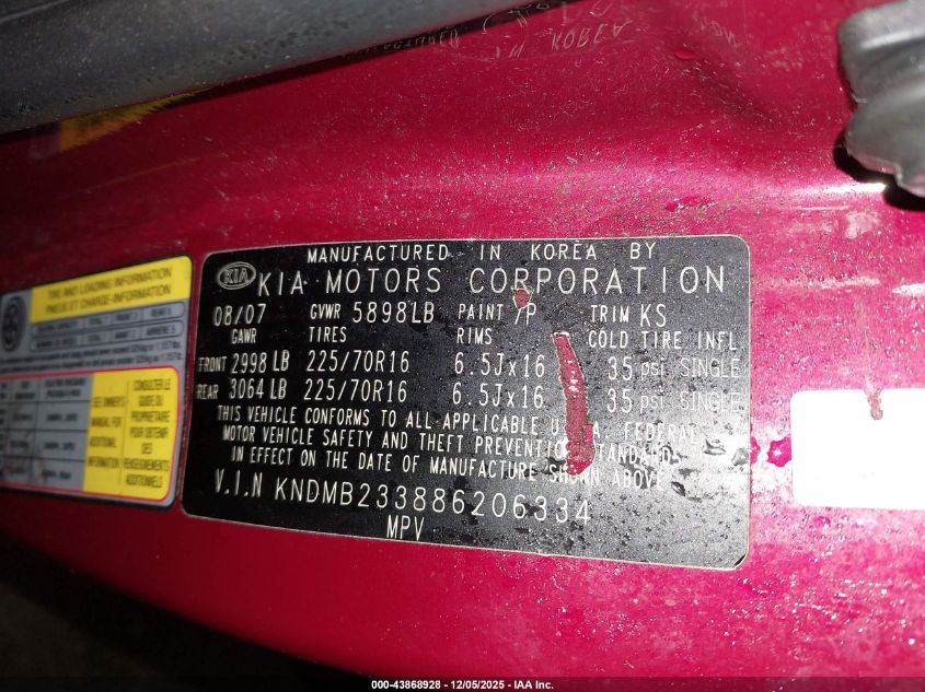 2008 Kia Sedona Lx VIN: KNDMB233886206334 Lot: 43868928