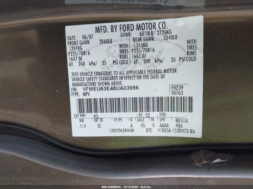 2008 Ford Explorer Xlt VIN: 1FMEU63E48UA03956 Lot: 43868934