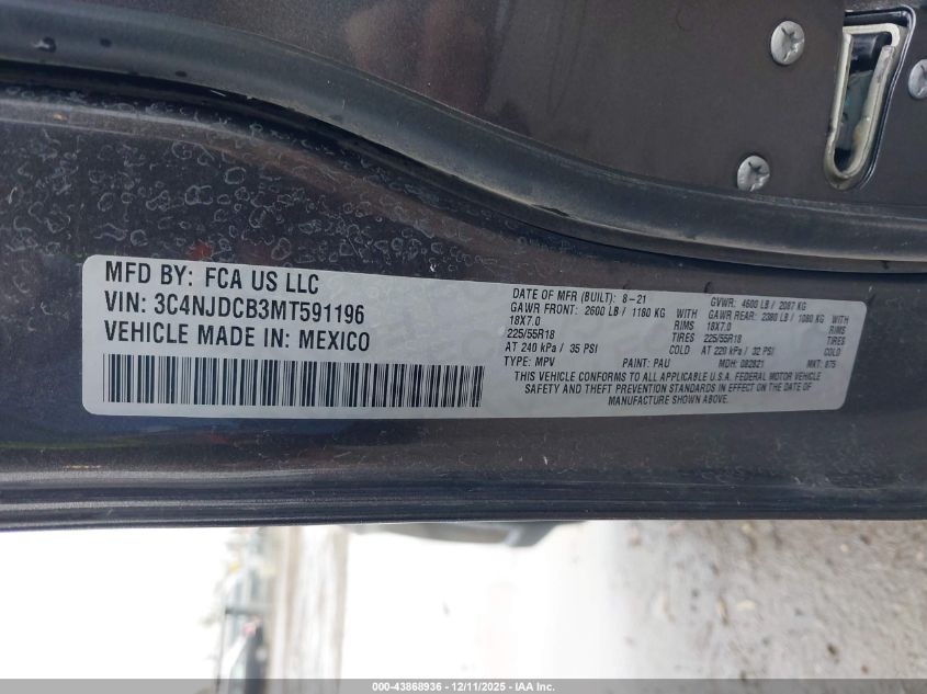 2021 Jeep Compass Limited 4X4 VIN: 3C4NJDCB3MT591196 Lot: 43868936