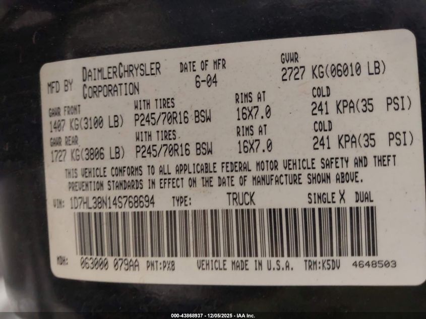 2004 Dodge Dakota Sport/Sxt VIN: 1D7HL38N14S768694 Lot: 43868937