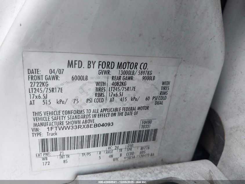 2008 Ford F-350 Fx4/King Ranch/Lariat/Xl/Xlt VIN: 1FTWW33RX8EB04093 Lot: 43868941