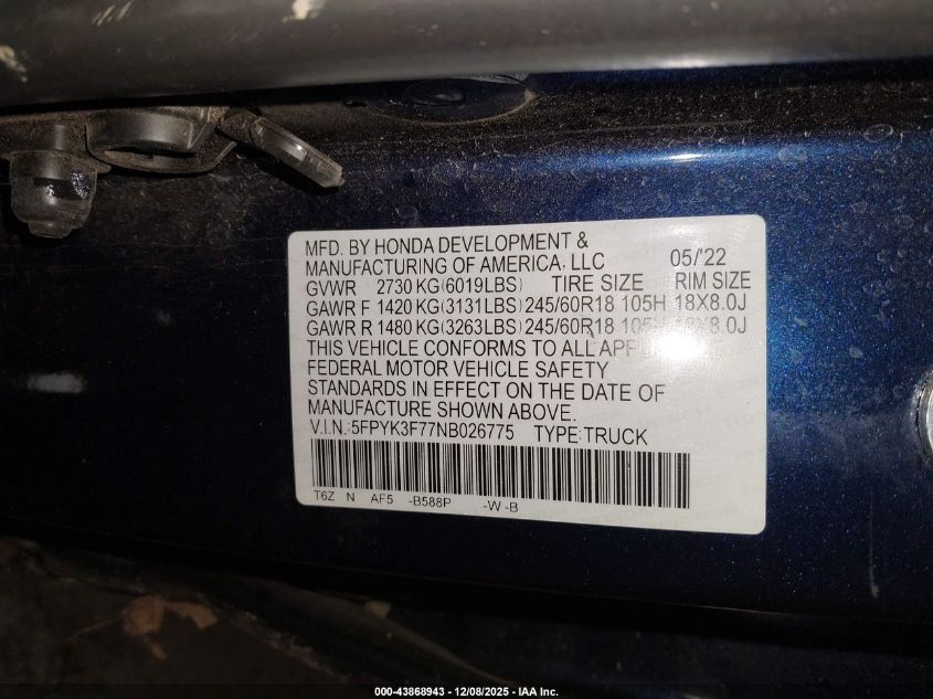 2022 Honda Ridgeline Rtl-E VIN: 5FPYK3F77NB026775 Lot: 43868943