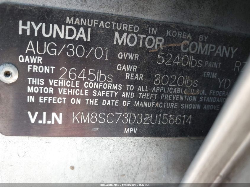 2002 Hyundai Santa Fe Gls/Lx VIN: KM8SC73D32U156614 Lot: 43868952