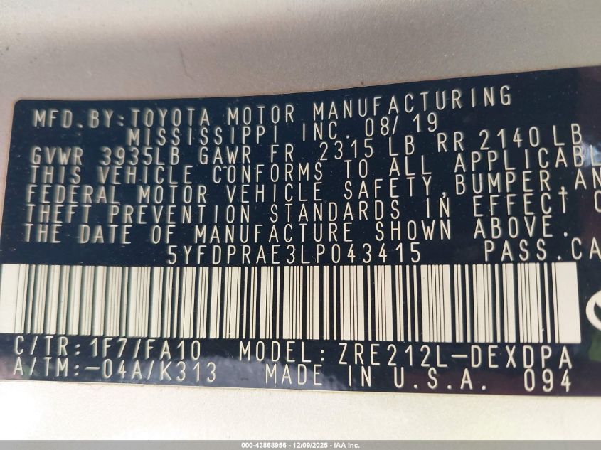 2020 Toyota Corolla L VIN: 5YFDPRAE3LP043415 Lot: 43868956