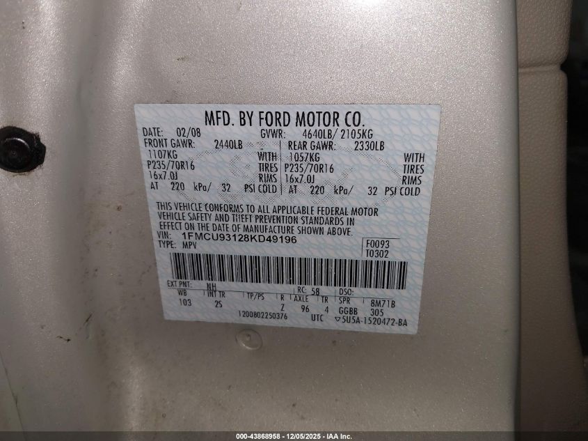 2008 Ford Escape Xlt VIN: 1FMCU93128KD49196 Lot: 43868958