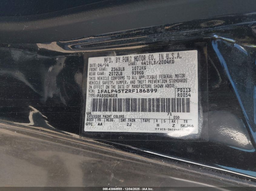 1994 Ford Mustang Gt VIN: 1FALP45T2RF186899 Lot: 43868959