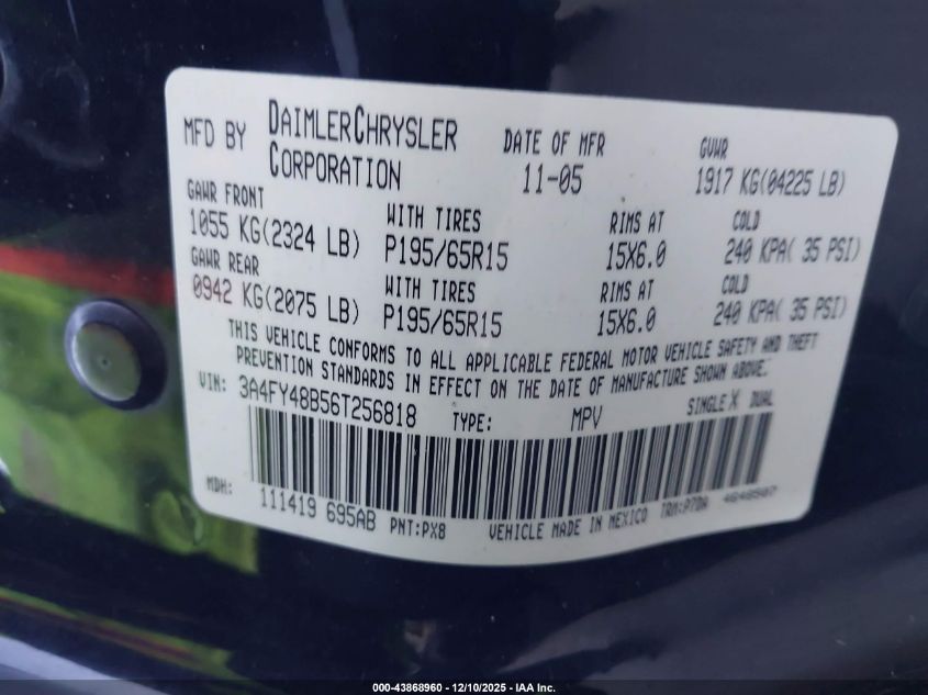 2006 Chrysler Pt Cruiser VIN: 3A4FY48B56T256818 Lot: 43868960