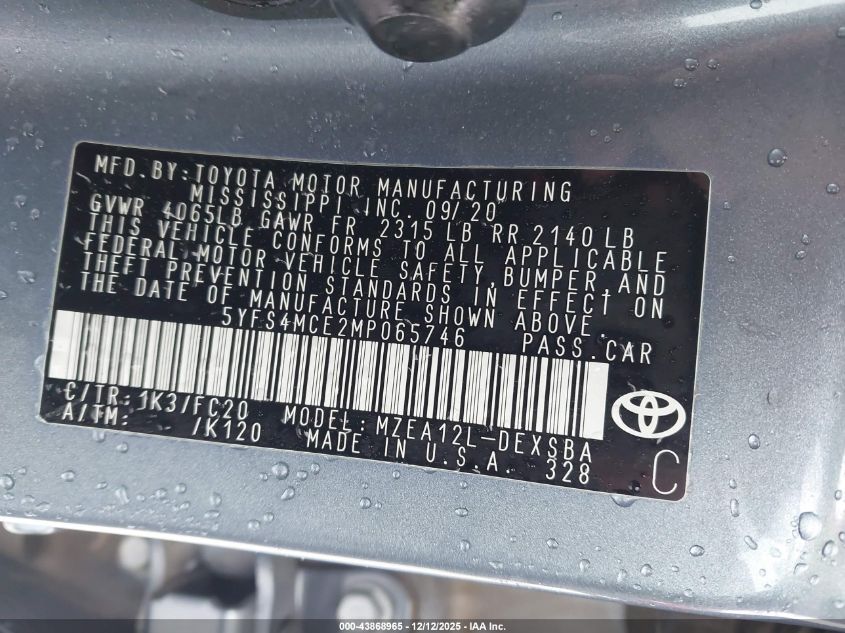 2021 Toyota Corolla Se VIN: 5YFS4MCE2MP065746 Lot: 43868965