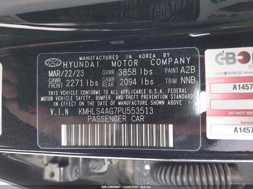 2023 Hyundai Elantra Sel VIN: KMHLS4AG7PU553513 Lot: 43868967
