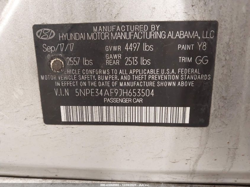 2018 Hyundai Sonata Sel VIN: 5NPE34AF9JH653504 Lot: 43868980