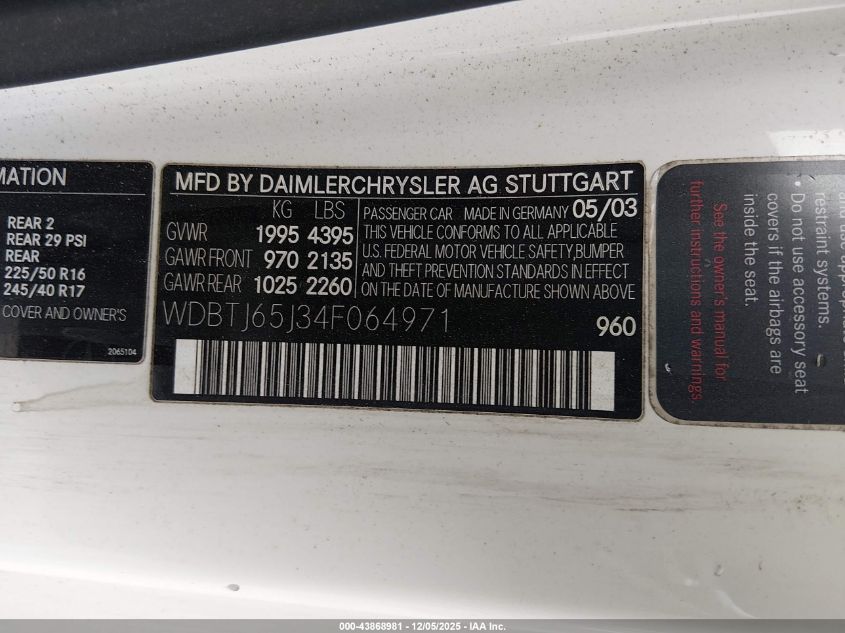 2004 Mercedes-Benz Clk 320 VIN: WDBTJ65J34F064971 Lot: 43868981