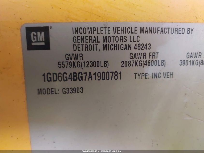 2010 GMC Savana Cutaway Work Van VIN: 1GD6G4BG7A1900781 Lot: 43868985