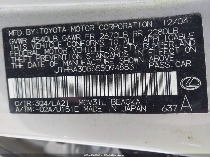 2005 Lexus Es 330 VIN: JTHBA30G655094883 Lot: 43868988