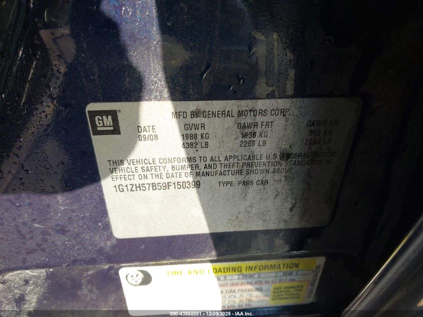 2009 Chevrolet Malibu Lt VIN: 1G1ZH57B59F150399 Lot: 43868991