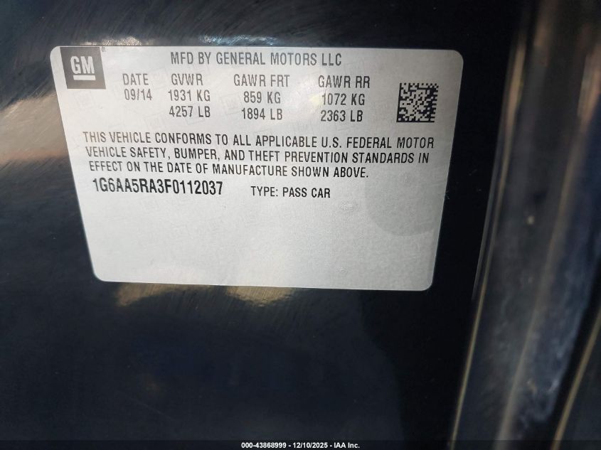 2015 Cadillac Ats Standard VIN: 1G6AA5RA3F0112037 Lot: 43868999