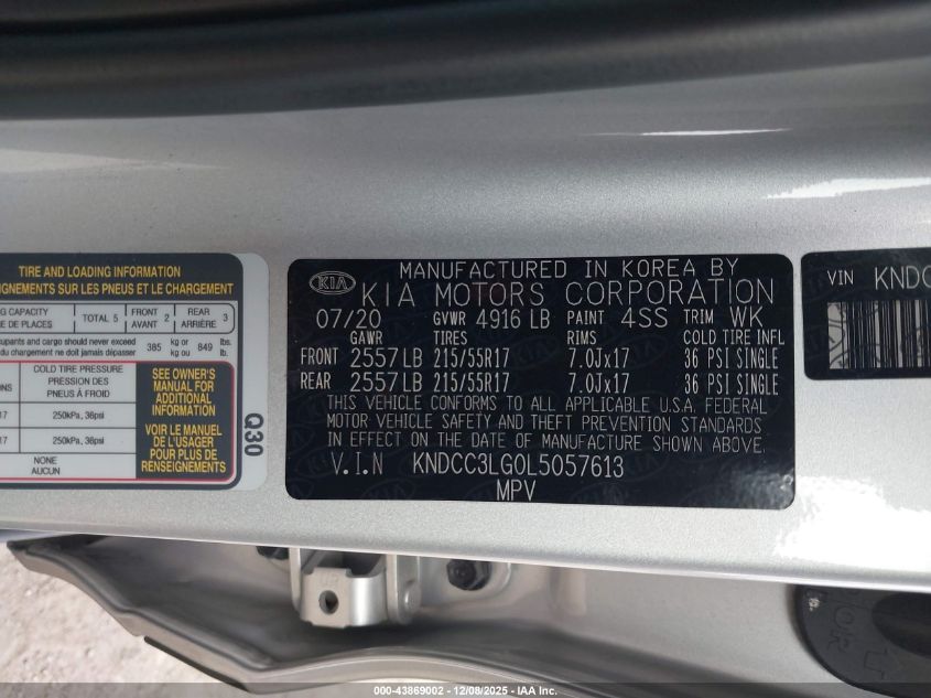 2020 Kia Niro Ev Ex VIN: KNDCC3LG0L5057613 Lot: 43869002