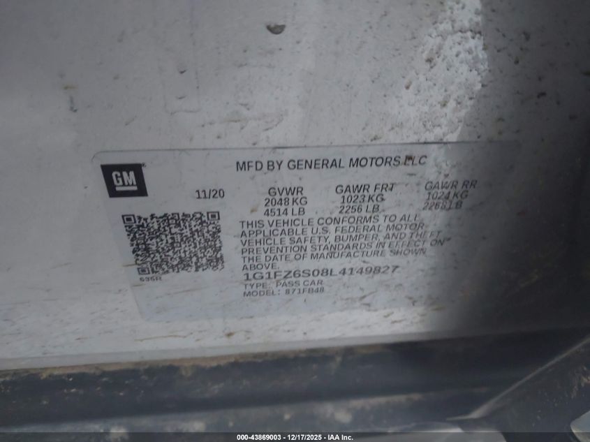 2020 Chevrolet Bolt Ev Fwd Premier VIN: 1G1FZ6S08L4149827 Lot: 43869003