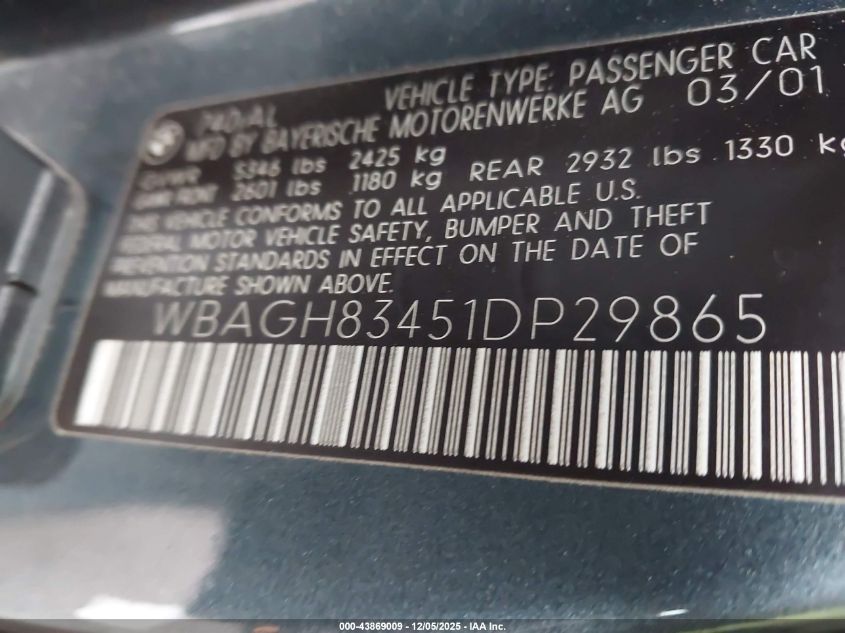 2001 BMW 740Il VIN: WBAGH83451DP29865 Lot: 43869009