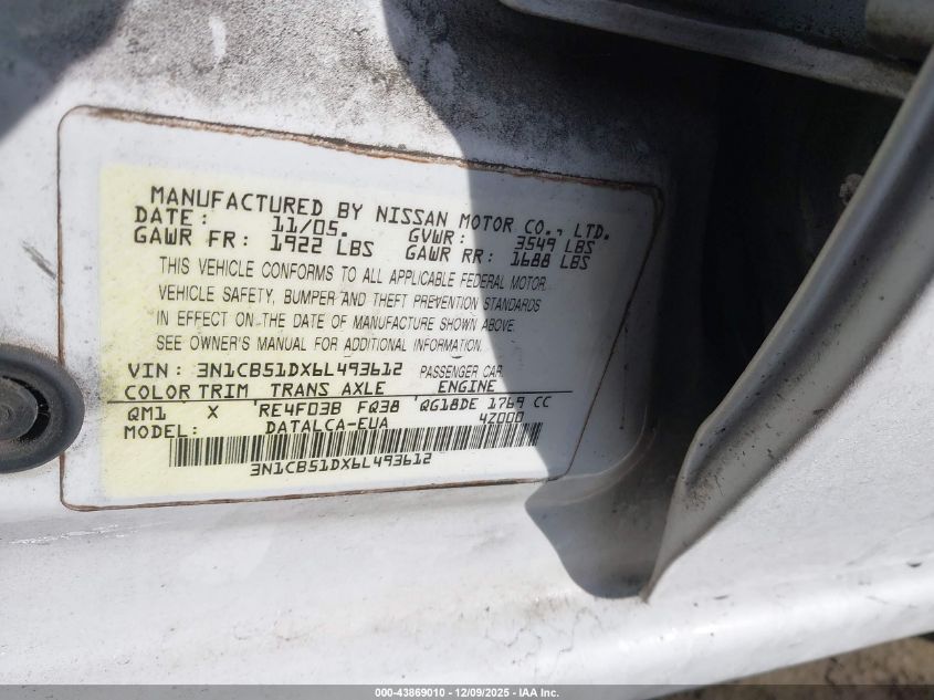 2006 Nissan Sentra 1.8 VIN: 3N1CB51DX6L493612 Lot: 43869010