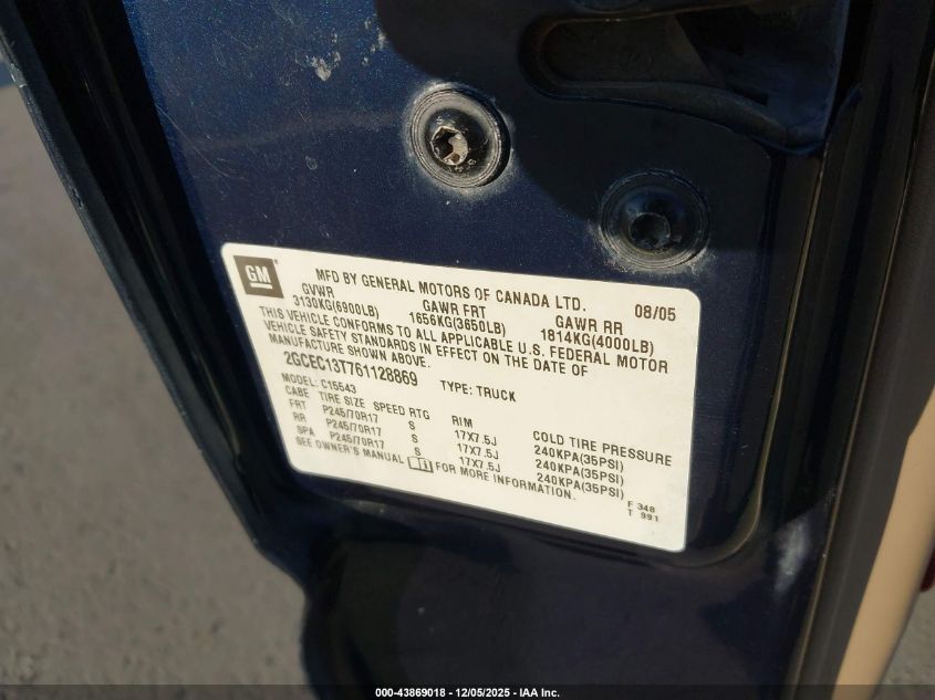 2006 Chevrolet Silverado 1500 Lt1 VIN: 2GCEC13T761128869 Lot: 43869018