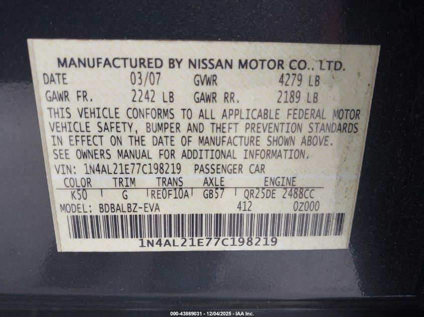 2007 Nissan Altima 2.5 S VIN: 1N4AL21E77C198219 Lot: 43869031