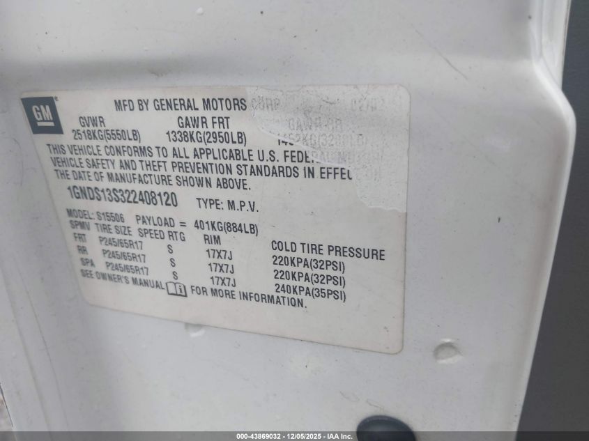 2002 Chevrolet Trailblazer Ltz VIN: 1GNDS13S322408120 Lot: 43869032