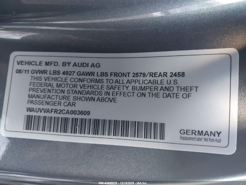 2012 Audi S5 4.2 Premium Plus VIN: WAUVVAFR2CA003609 Lot: 43869039
