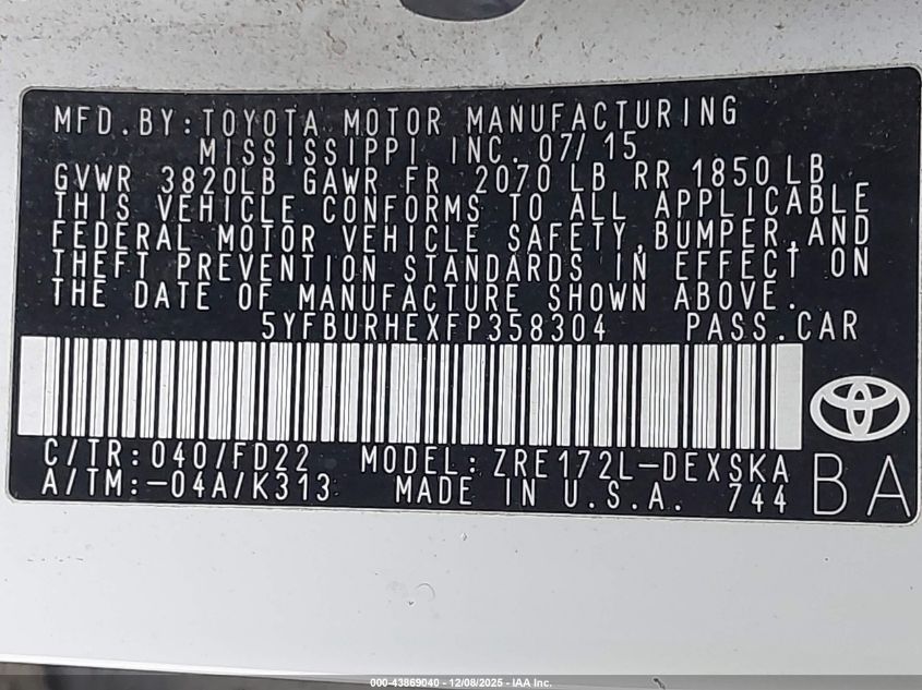 2015 Toyota Corolla S Plus VIN: 5YFBURHEXFP358304 Lot: 43869040