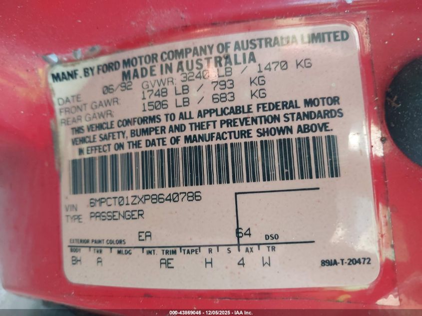 1993 Mercury Capri VIN: 6MPCT01ZXP8640786 Lot: 43869046