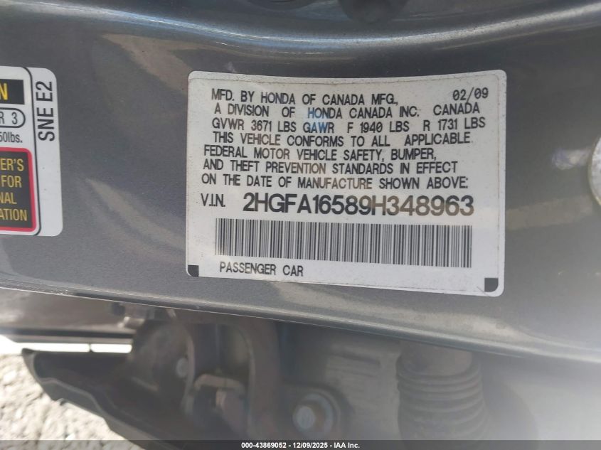 2009 Honda Civic Lx VIN: 2HGFA16589H348963 Lot: 43869052