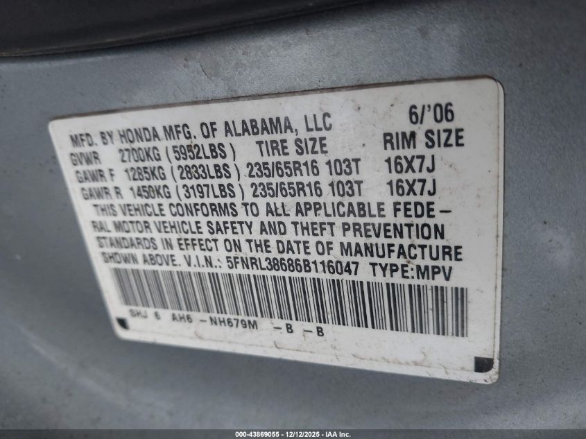 2006 Honda Odyssey Ex-L VIN: 5FNRL38686B116047 Lot: 43869055