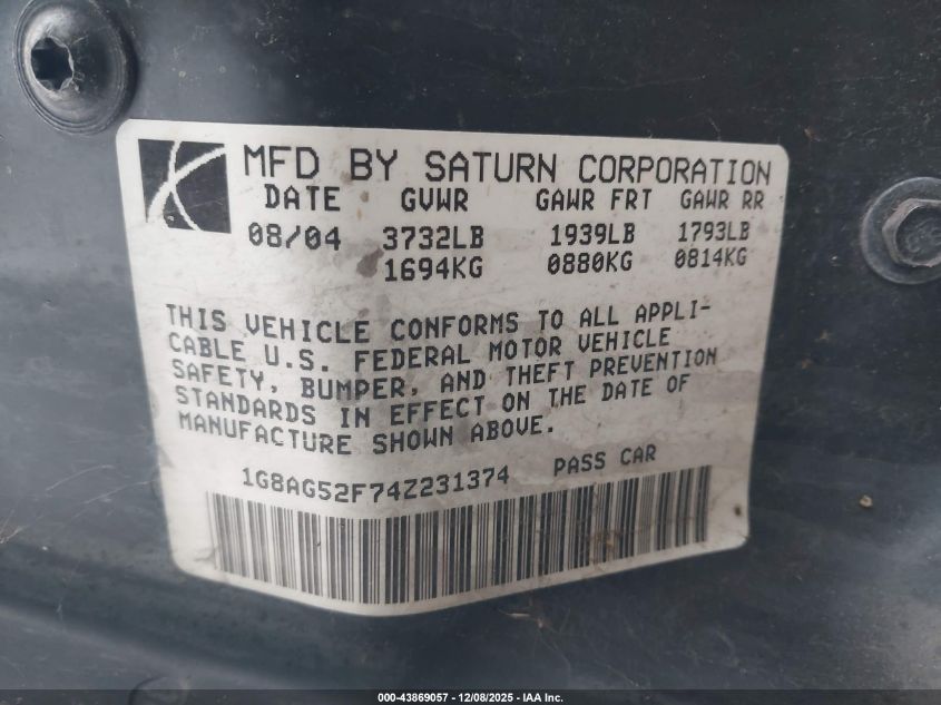 2004 Saturn Ion 1 VIN: 1G8AG52F74Z231374 Lot: 43869057