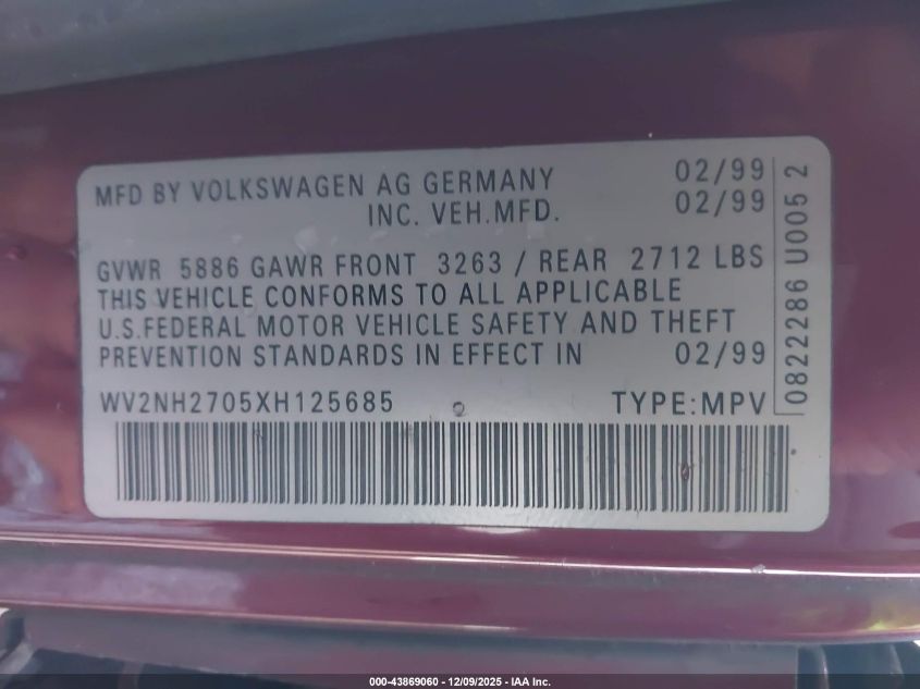 1999 Volkswagen Eurovan Mv VIN: WV2NH2705XH125685 Lot: 43869060