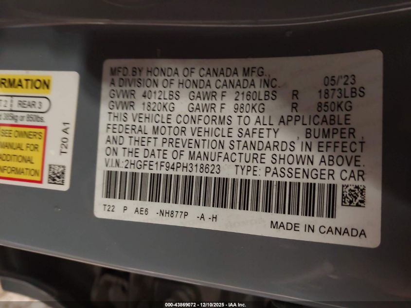 2023 Honda Civic Touring VIN: 2HGFE1F94PH318623 Lot: 43869072