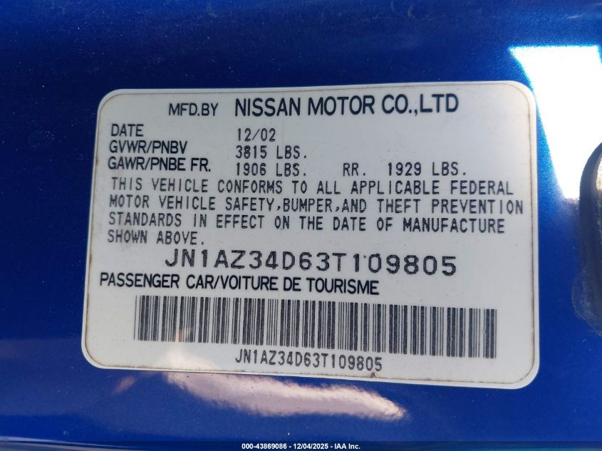 2003 Nissan 350Z VIN: JN1AZ34D63T109805 Lot: 43869086