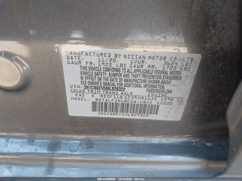 2021 Nissan Versa Sv Xtronic Cvt VIN: 3N1CN8EV5ML829322 Lot: 43869089