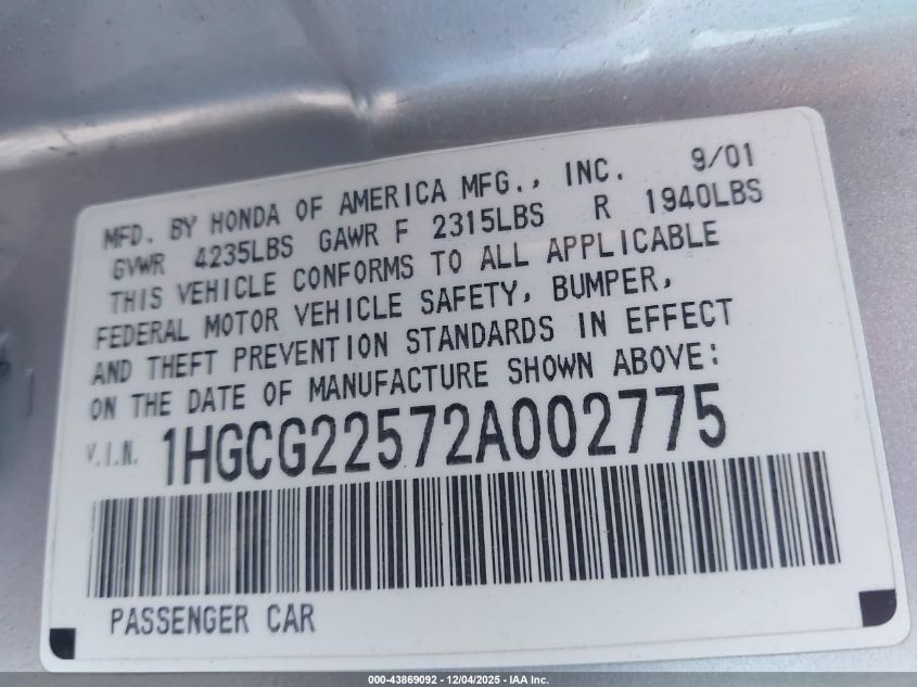2002 Honda Accord 3.0 Ex VIN: 1HGCG22572A002775 Lot: 43869092