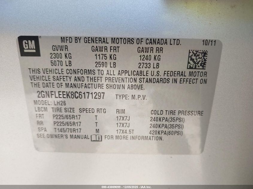 2012 Chevrolet Equinox 1Lt VIN: 2GNFLEEK8C6171297 Lot: 43869099