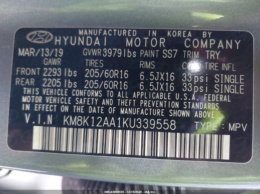 2019 Hyundai Kona Se VIN: KM8K12AA1KU339558 Lot: 43869105
