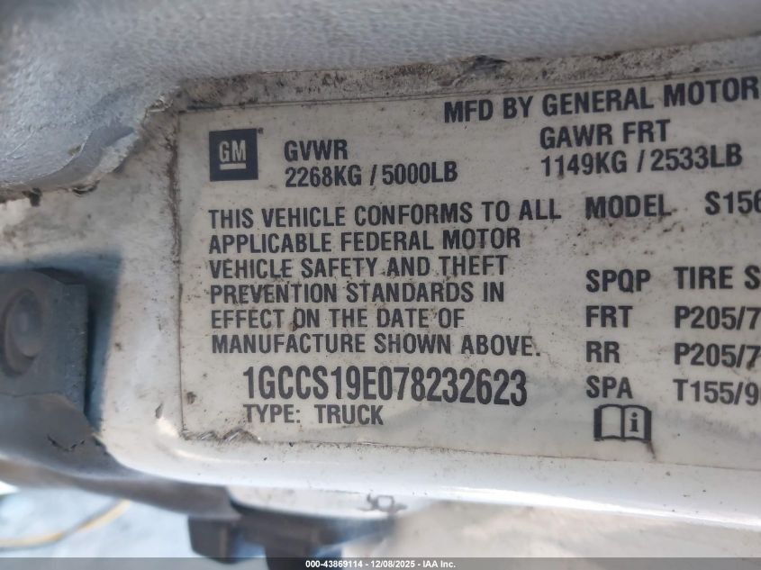 2007 Chevrolet Colorado Work Truck VIN: 1GCCS19E078232623 Lot: 43869114