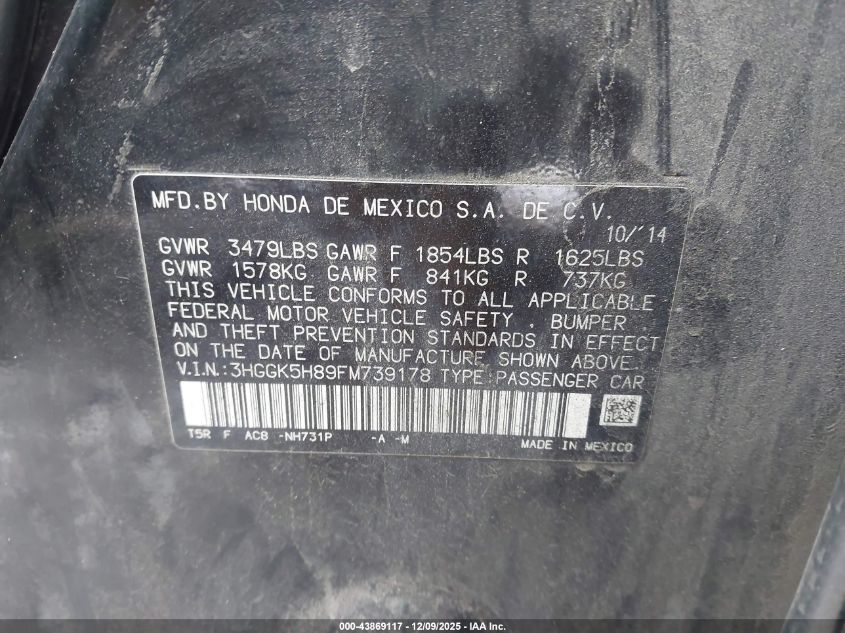 2015 Honda Fit Ex/Ex-L VIN: 3HGGK5H89FM739178 Lot: 43869117