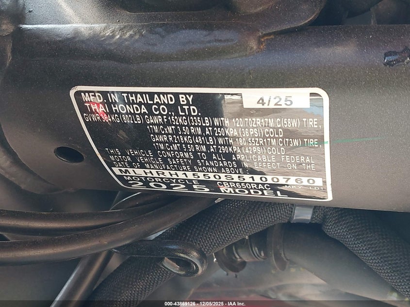 VIN MLHRH1550S5100760 2025 HONDA CBR650 R