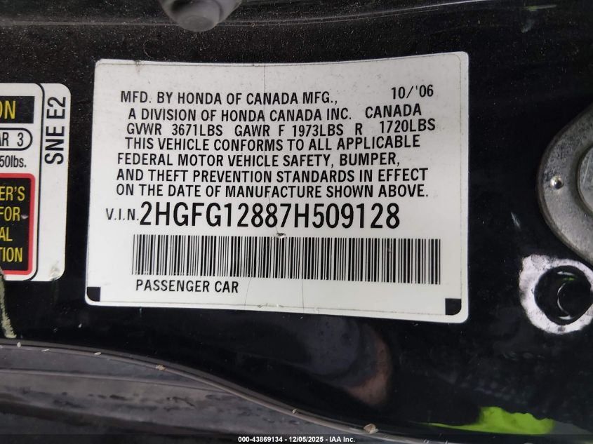 2007 Honda Civic Ex VIN: 2HGFG12887H509128 Lot: 43869134