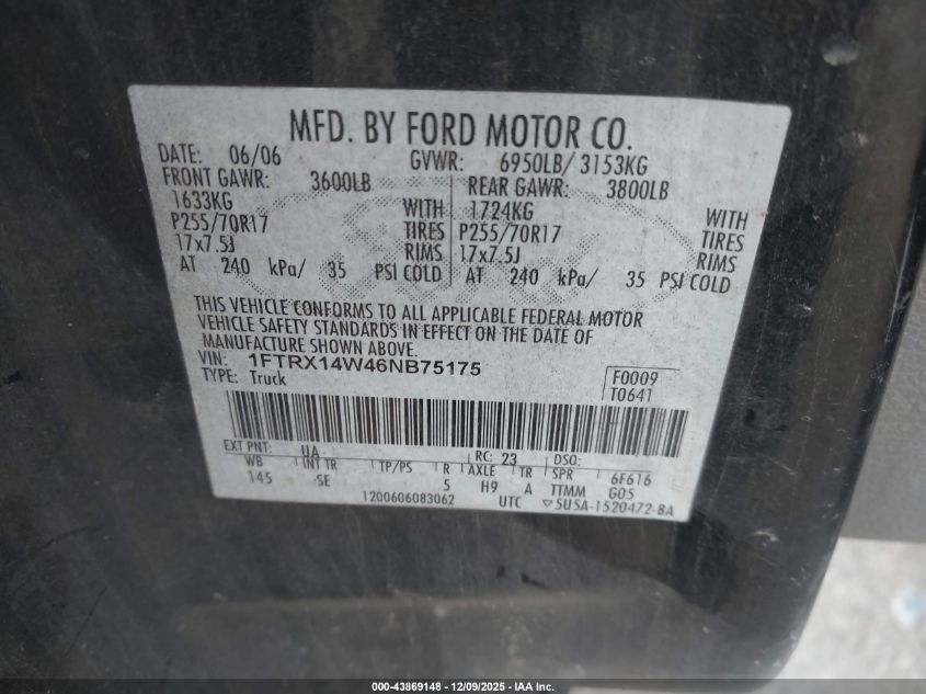 2006 Ford F-150 Stx/Xl/Xlt VIN: 1FTRX14W46NB75175 Lot: 43869148