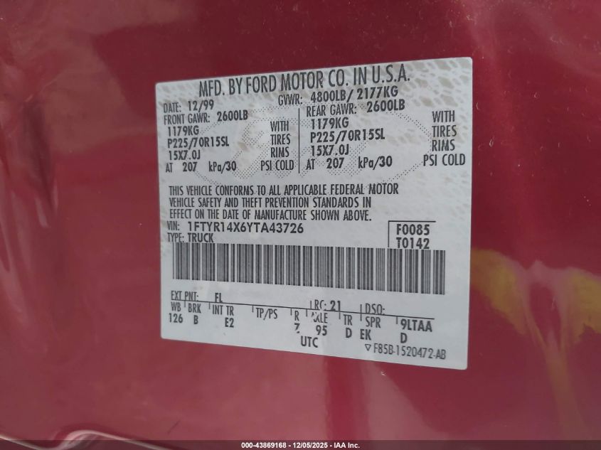 2000 Ford Ranger Xlt VIN: 1FTYR14X6YTA43726 Lot: 43869168