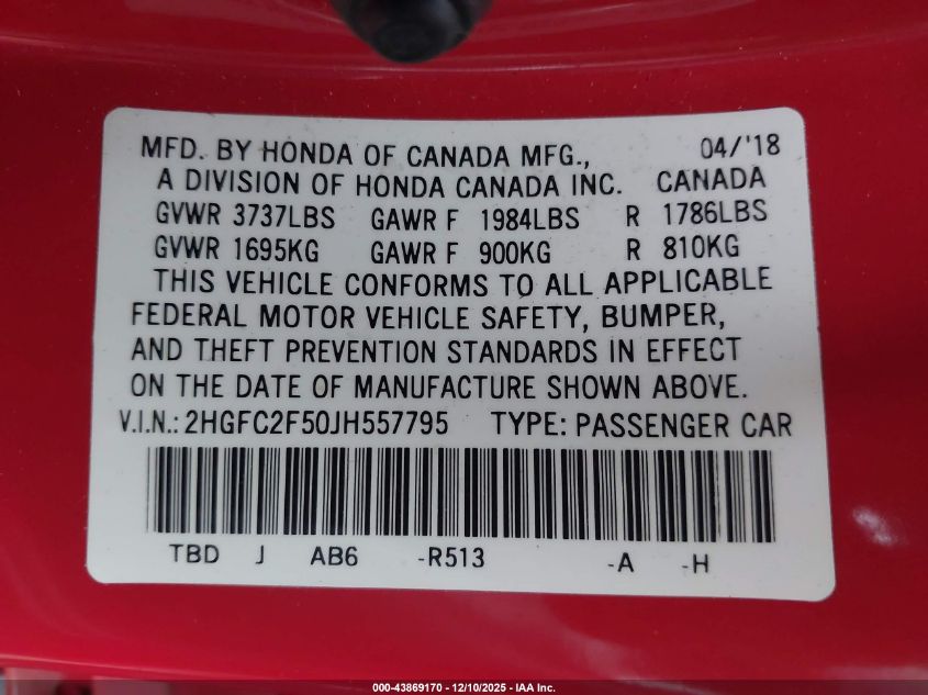 2018 Honda Civic Lx VIN: 2HGFC2F50JH557795 Lot: 43869170