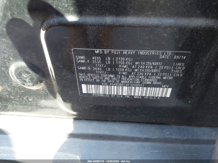 2015 Subaru Outback 2.5I Premium VIN: 4S4BSBEC4F3228927 Lot: 43869176