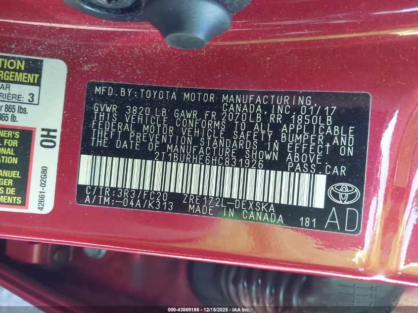 2017 Toyota Corolla Se VIN: 2T1BURHE6HC831926 Lot: 43869186